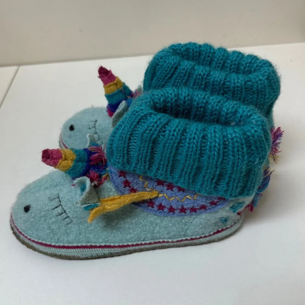 Garnet Hill Kids Wool Unicorn Slipper Booties Blue Teal Size 1 Pure New Wool